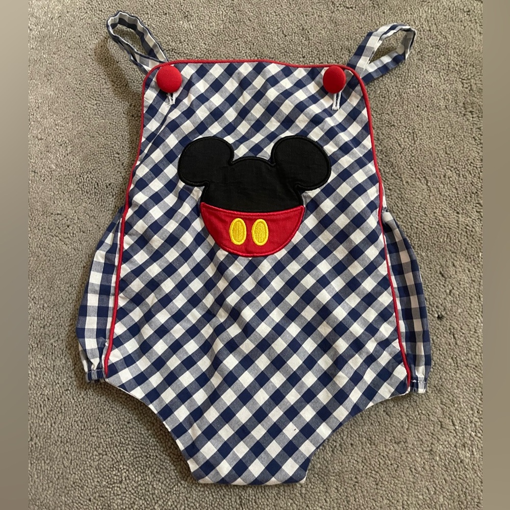 Babeeni boys navy/white check Mickey Mouse monogram bubble one piece suit
